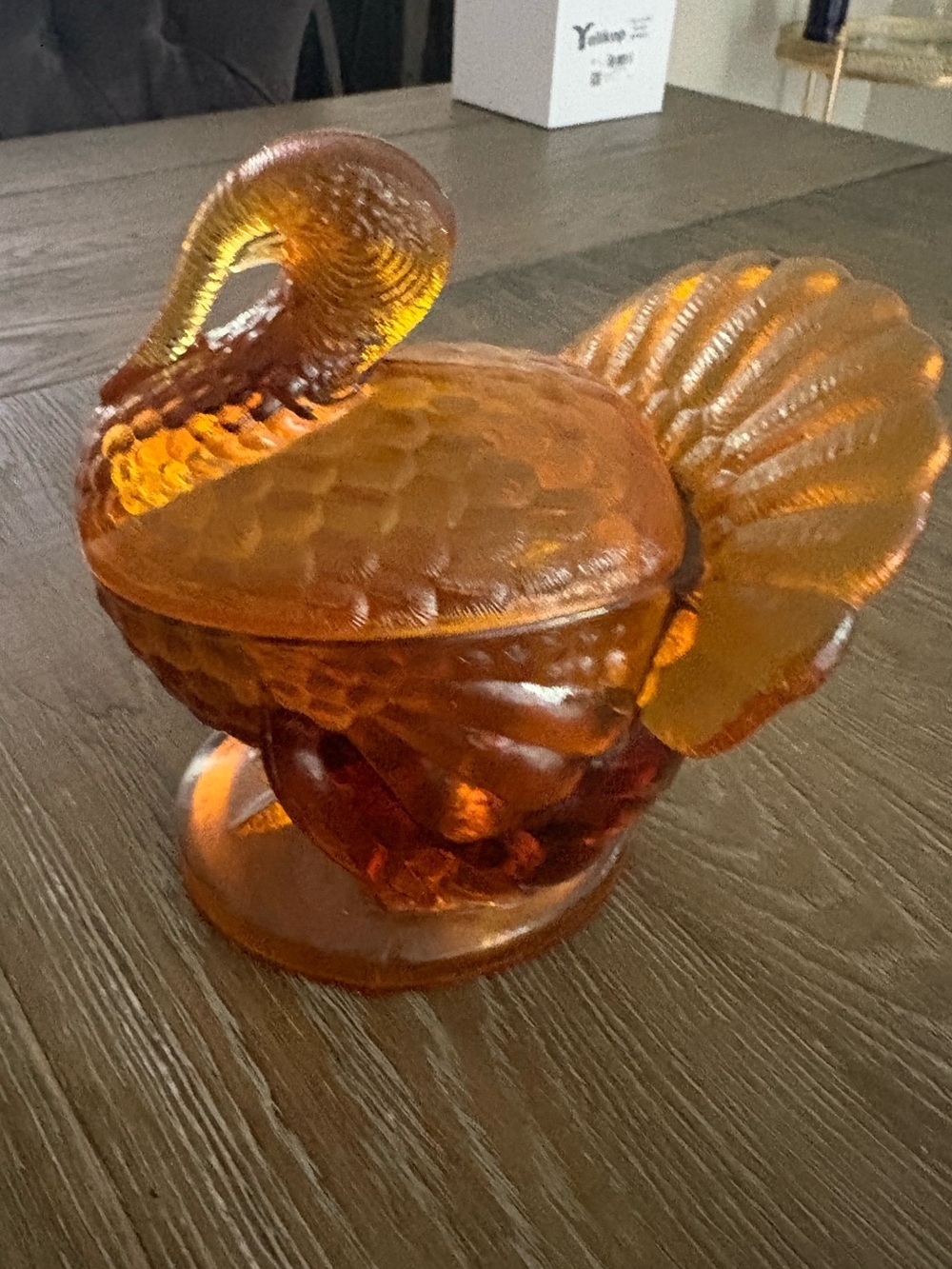 LE Smith Amber Glass lidded turkey dish